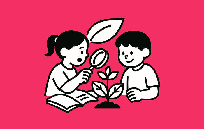 Dos estudiantes observan una planta con una lupa y un libro abierto, representando la exploración científica y el cuidado del medio ambiente.