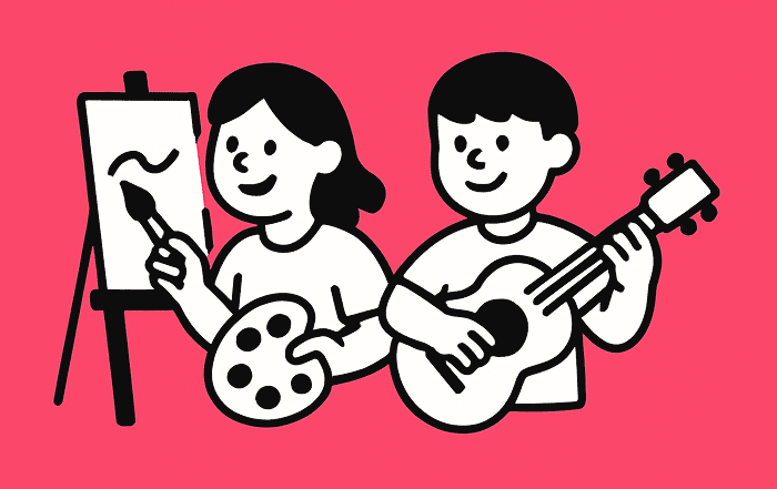 Una niña pinta en un caballete mientras un niño toca guitarra, representando la educación artística y la expresión cultural.