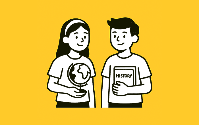 Dos estudiantes observan un globo terráqueo y un libro de historia, representando el estudio de las ciencias sociales y humanas.
