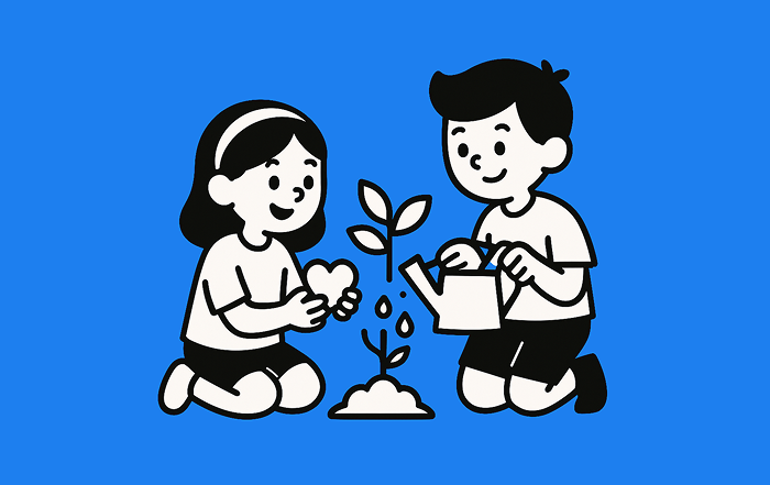 Dos estudiantes riegan y cuidan una planta, representando el Proyecto Ambiental Escolar y el compromiso con el medio ambiente.