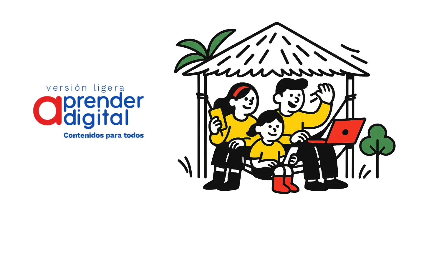 Ilustración de una familia en una casa rústica con techo de palma usando dispositivos móviles y un portátil, simbolizando que pueden aprender desde cualquier lugar.