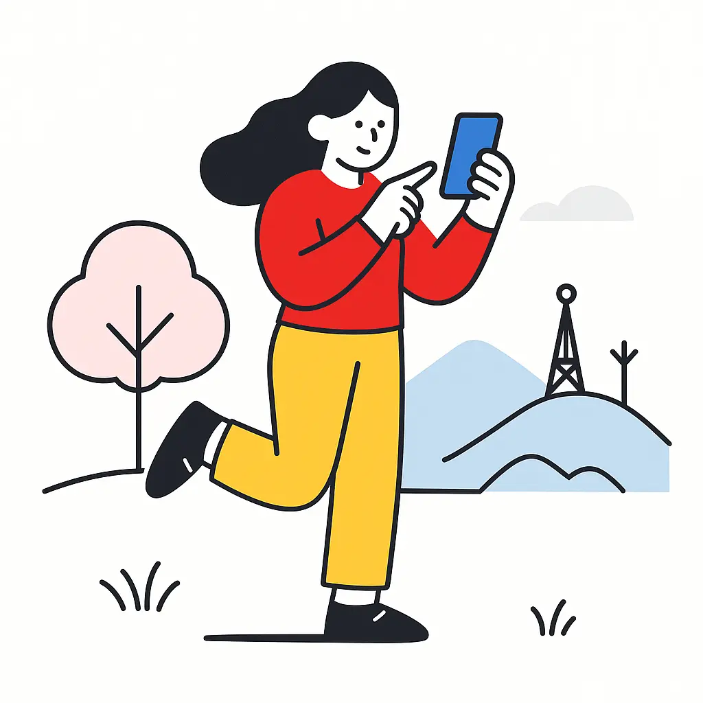 Ilustración de una joven usando su celular en un entorno natural con señal disponible, simbolizando que puede acceder a contenidos desde cualquier lugar.