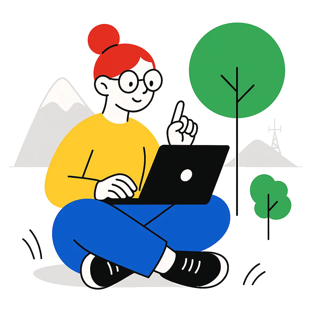 Ilustración de una joven estudiando con su portátil en un espacio natural para transmitir acceso sin límites.