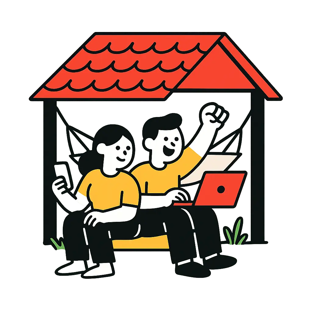 Ilustración de dos jóvenes en una casa rural sentados junto a una hamaca mientras usan un celular y un portátil, simbolizando que pueden aprender desde cualquier lugar.